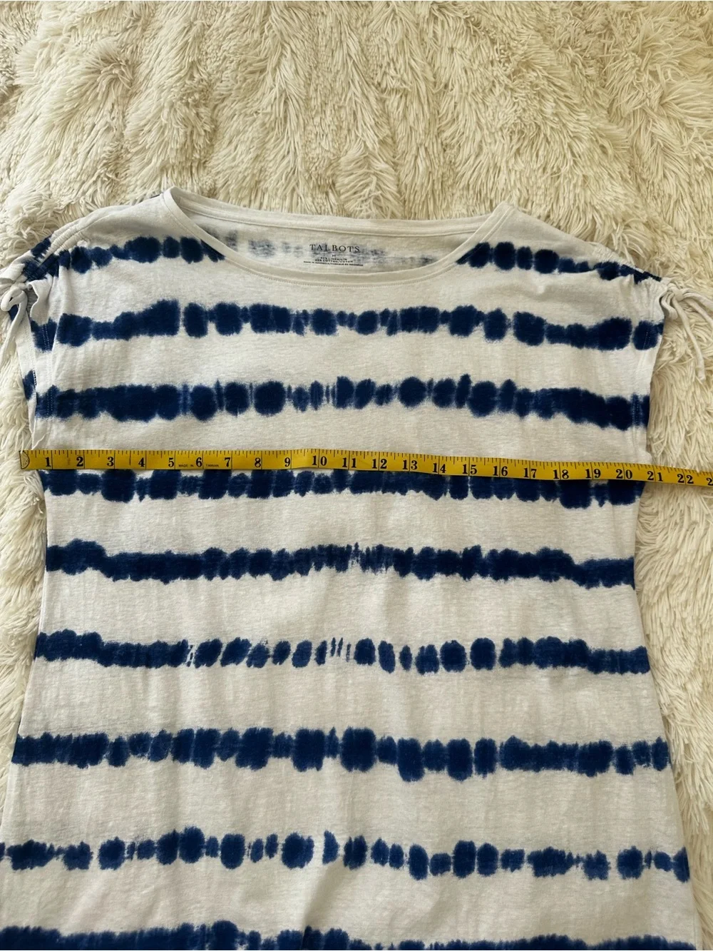 Talbots Blue White Tie Dye Stripe Linen Cotton Top Size Medium Ruched Sleeve - Picture 4 of 6